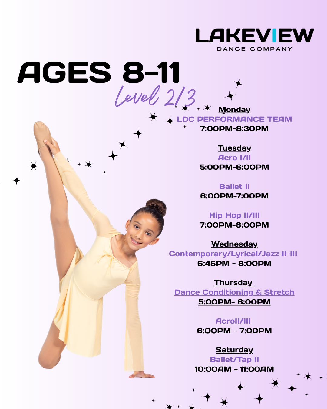 Ages 8-11 level 2/3 class schedule for the 2026-2027 season
