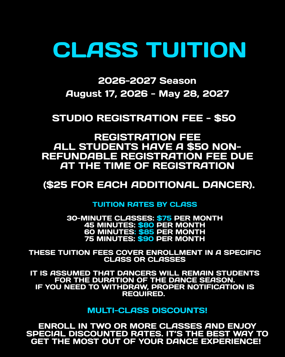 Class tuition rates for the 2026-2027 season