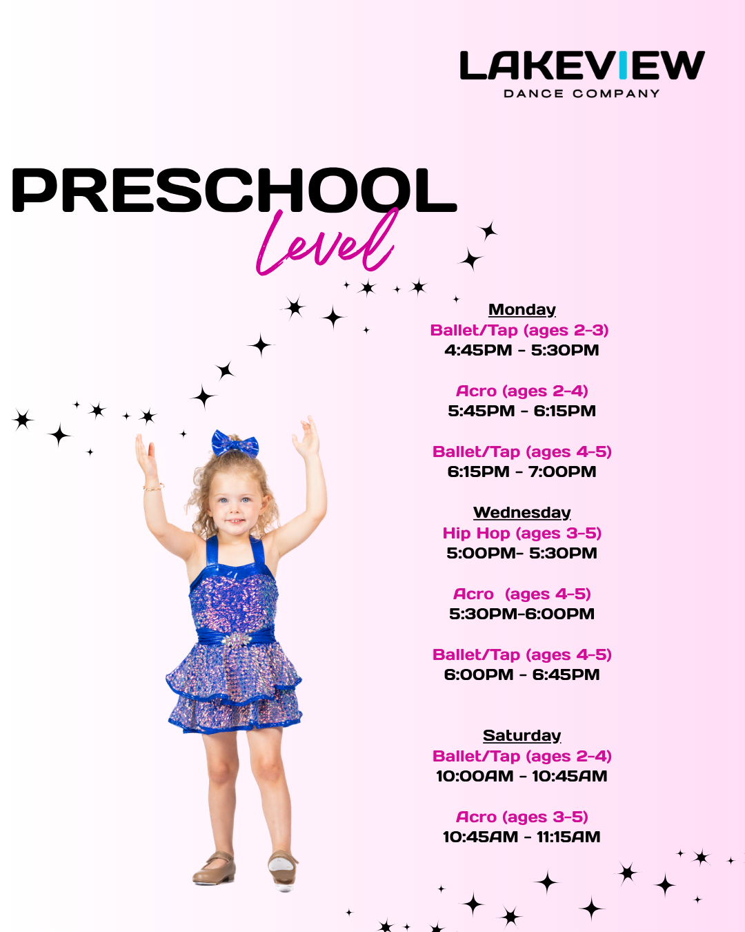 Preschool level class schedule for the 2026-2027 season