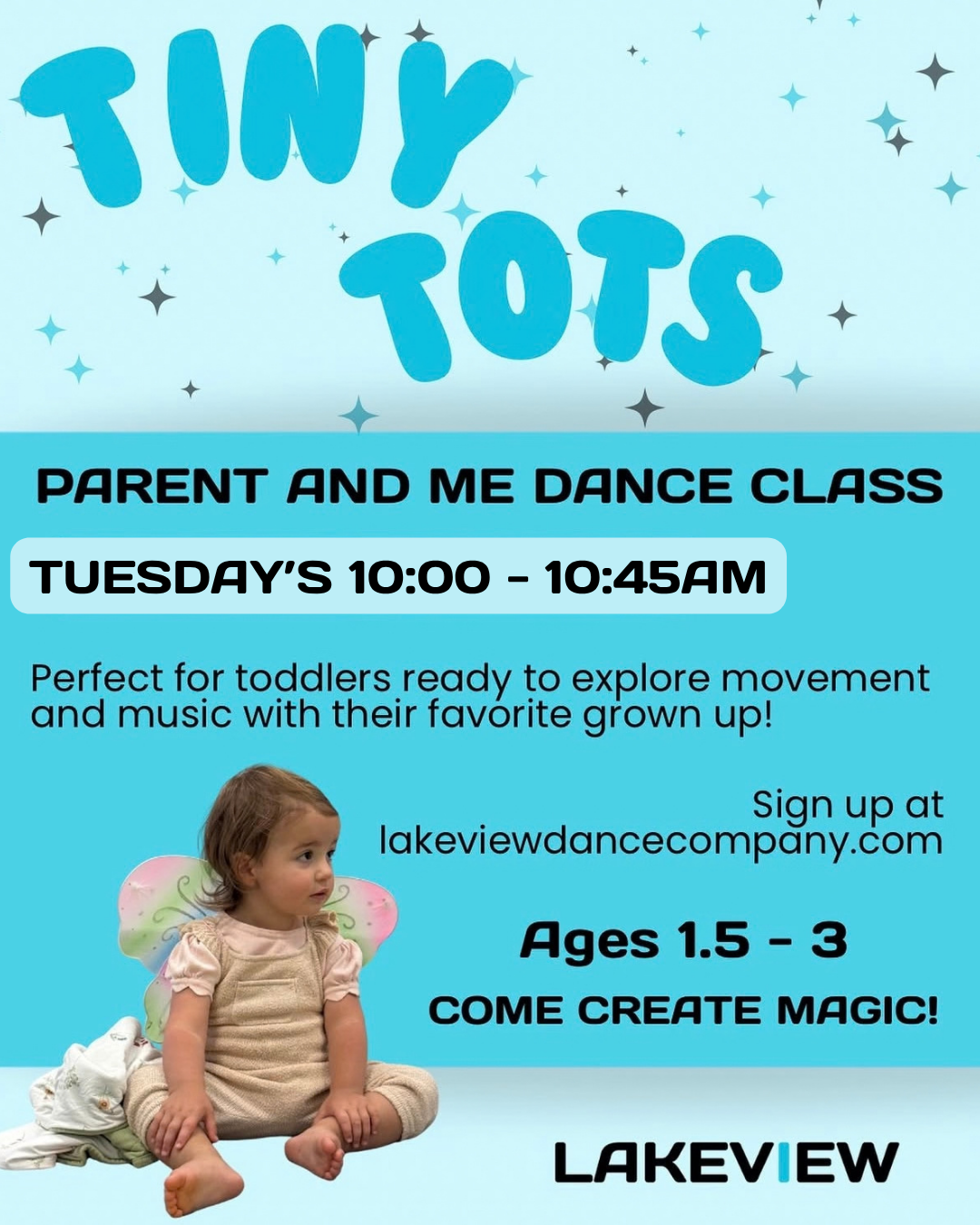 Tiny Tots parent and me dance class, Tuesdays 10:00-10:45am, ages 1.5-3